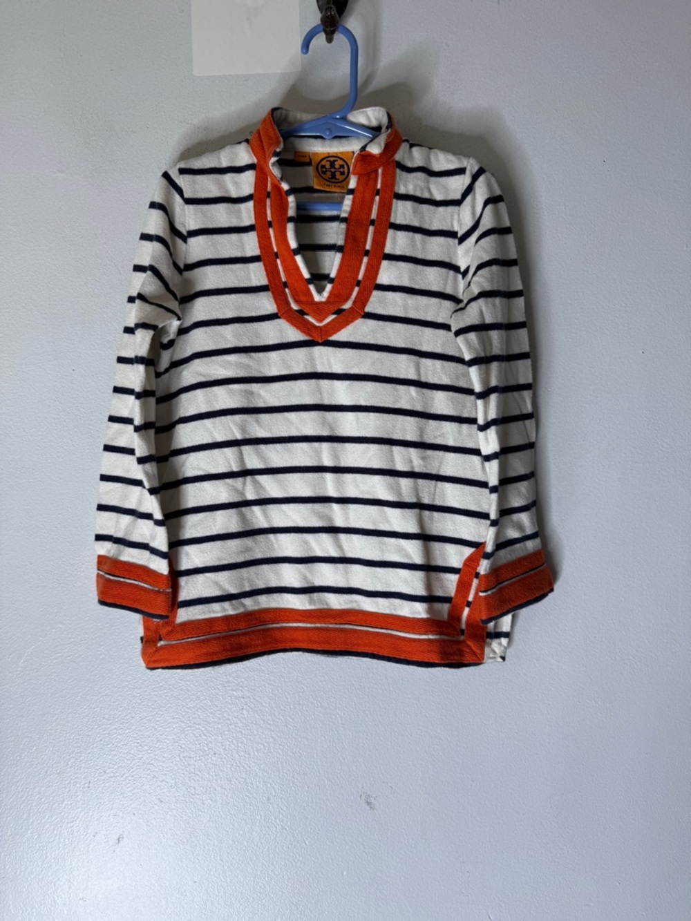 Tory Burch Kids Striped Jersey Tunic V Neck Orange Trim Medium
